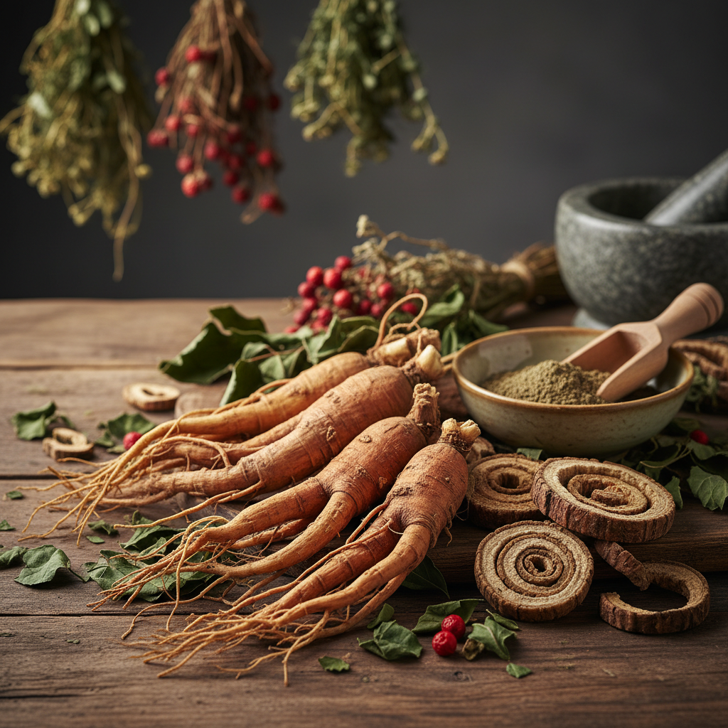 Herbal adaptogen alami seperti ginseng dan akar tradisional